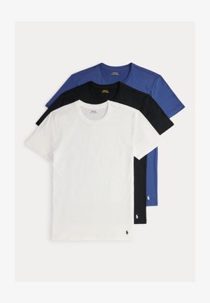 Keturi marškinėliai su apvalia iškirpte: balti, juodi, mėlyni. Medvilninis audinys, trumpomis rankovėmis, vienspalviai, ant kaklo matoma etiketė, mažas logotipas apatiniame krašte.