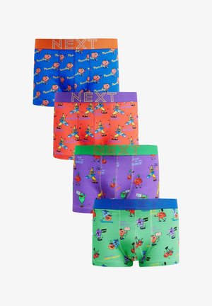 Four pairs of brightly colored boxer briefs. Designs feature playful fruit characters and text. Fabric has a soft, stretchy texture.