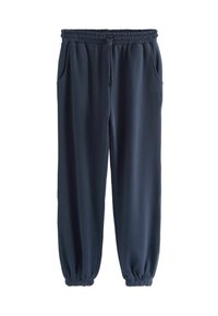 Mörkblå sweatpants i mjukt material, med ett elastiskt midjeband med dragsko, sidofickor och elastiska muddar vid anklarna.