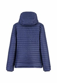 Veste isolée bleu marine avec un design matelassé horizontal, capuche et poignets élastiques. Matériau léger avec une texture lisse.