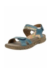 Sandalia de punta abierta, superior de cuero azul con acentos florales multicolores, correas ajustables de Velcro, plantilla acolchada, suela de goma para tracción.