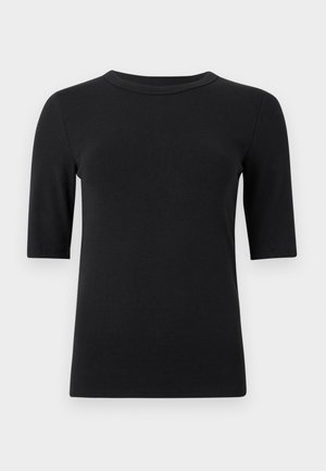 T-shirt noir à manches courtes et col rond avec un ourlet droit, présenté sur un fond clair uni.