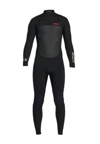 Vollkörper-Neoprenanzug in Schwarz mit langen Ärmeln, Brustreißverschluss, verstärkten Knieschützern und weißen RVCA-Logos auf den Ärmeln, entworfen für Wassersportarten.