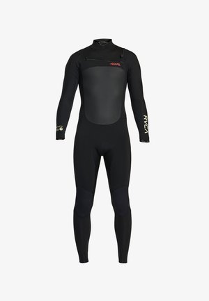 Full-body black wetsuit with long sleeves, chest zipper, reinforced knee pads, and white RVCA logos on sleeves, designed for water sports.