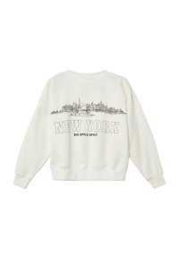 Crèmekleurige sweatshirt met geribde manchetten en zoom, met een zwarte omtrekillustratie van een skyline van New York en de tekst "NEW YORK BIG APPLE SPIRIT."