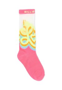 Chaussettes hautes jusqu'au genou avec une bande rose, présentant un motif coloré de cœurs stylisés et de tourbillons en jaune, orange et bleu sur un fond blanc.