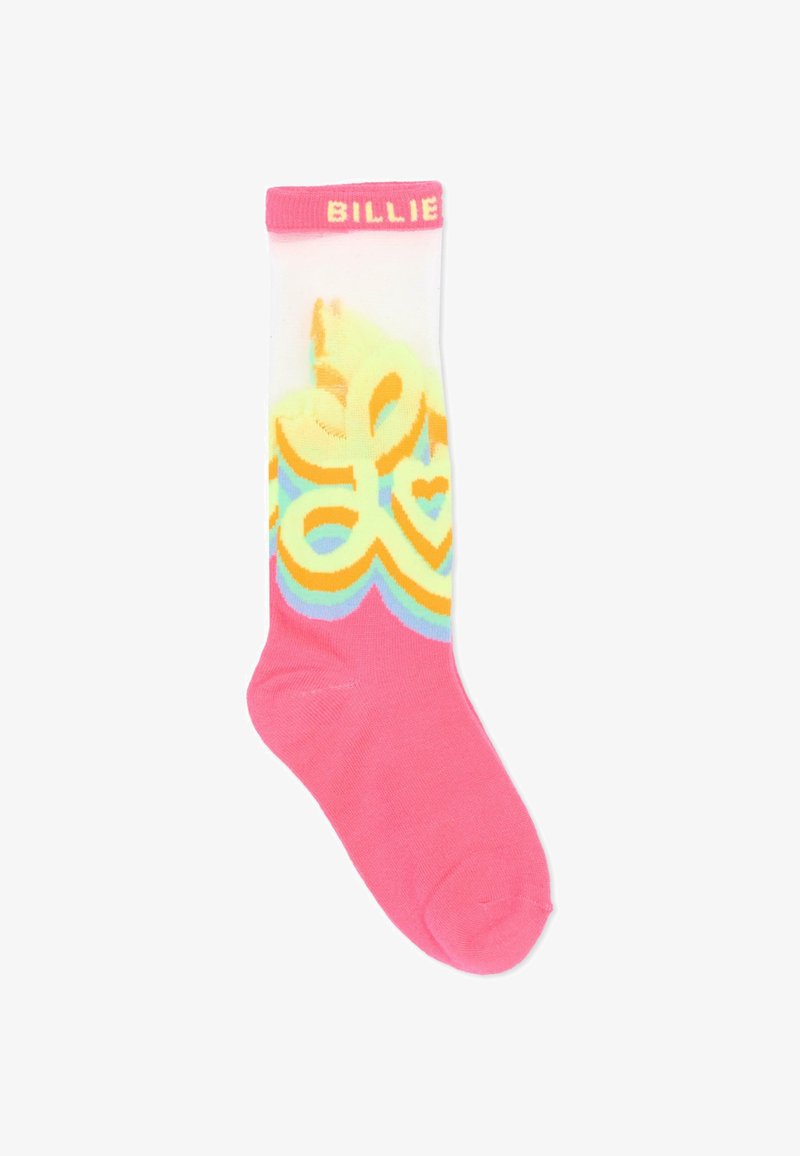 Chaussettes hautes jusqu'au genou avec une bande rose, présentant un motif coloré de cœurs stylisés et de tourbillons en jaune, orange et bleu sur un fond blanc.