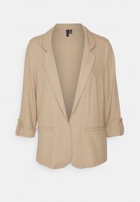 Beżowa lniana marynarka z kołnierzem z wycięciem, podwiniętymi rękawami, dwoma przednimi kieszeniami i luźnym fasonem. Brak guzików; otwarty przód.