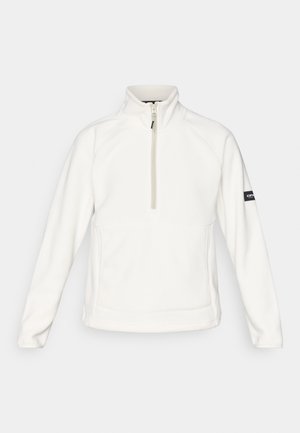 Witte fleece pullover met een halve ritssluiting aan de voorkant, hoge kraag en raglanmouwen. Voorzien van een klein zwart merklabel op de linkermouw.