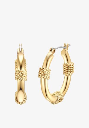 Boucles d'oreilles créoles dorées avec un détail torsadé en forme de corde en trois sections et des fermoirs à charnière.