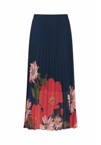 Plisserad midikjol med marinblå bas och blommönster, med stora rosa och vita blommor samt gröna blad vid fållen.