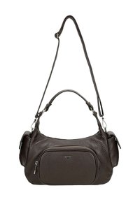 Brązowa skórzana torebka o teksturowanym wykończeniu, z główną komor�ą, przednią kieszenią na zamek, krótkim uchwytem oraz długim regulowanym paskiem.