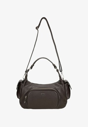 Borsa in pelle marrone con finitura testurizzata, dotata di un corpo principale, una tasca frontale con zip, un manico corto e una tracolla lunga e regolabile.