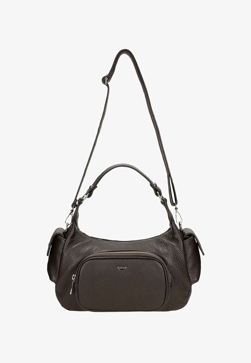 Borsa in pelle marrone con finitura testurizzata, dotata di un corpo principale, una tasca frontale con zip, un manico corto e una tracolla lunga e regolabile.