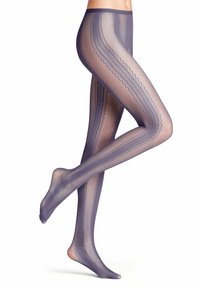 Collants mauves à motifs avec un design en résille et en zigzag. Matériau transparent au toucher lisse, ajustés à la taille et aux jambes.