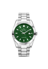 Montre en acier inoxydable avec un cadran vert, des index horaires en argent et un affichage de la date. Elle présente un design de bracelet à maillons avec une finition polie.