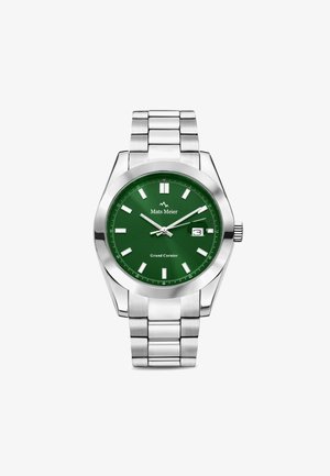 Montre en acier inoxydable avec un cadran vert, des index horaires en argent et un affichage de la date. Elle présente un design de bracelet à maillons avec une finition polie.