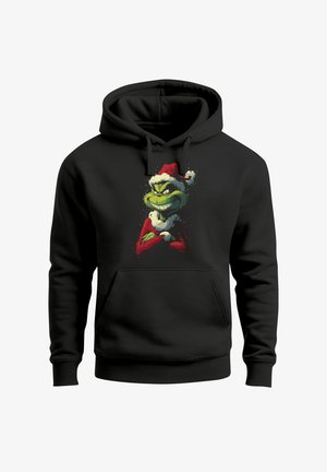 Schwarzer Hoodie mit dem Grinch, der eine rote Weihnachtsmannmütze und ein rotes Outfit trägt, die Arme verschränkt und schelmisch lächelnd auf der Vorderseite in der Mitte.