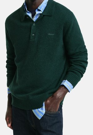 Uomo che indossa un maglione verde scuro con collo sopra una camicia a righe blu, mano nella tasca dei jeans, mostrato dal collo ai fianchi.