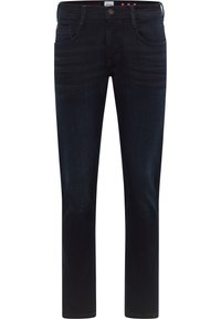 Ciemnoniebieskie dżinsy denimowe o wąskim kroju, w pięciokieszeniowym stylu, z subtelnym przecieraniem i zapięciem na pojedynczy guzik w talii.