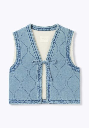 Veste matelassée sans manches bleu clair avec fermeture à nouer, encolure arrondie et doublure intérieure douce blanche.