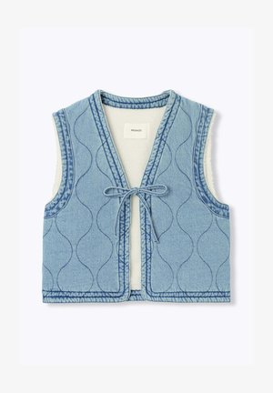 Veste matelassée sans manches bleu clair avec fermeture à nouer, encolure arrondie et doublure intérieure douce blanche.