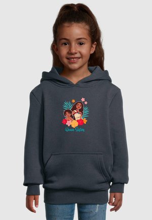 Tmavě šedá mikina s kapucí, která má vyšitý design dvou postav obklopených tropickými květinami. Obsahuje kapsu klokanku a žebrované manžety.