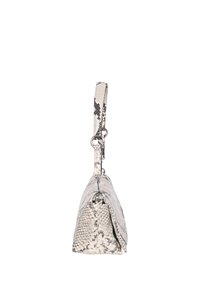 Textured crossbody bag in gray and white snake print, featuring a triangular shape and a long, adjustable strap with silver hardware.