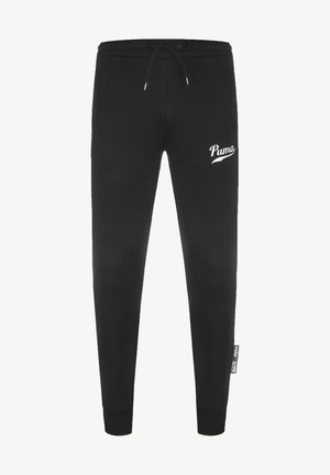 Sort sweatshirt-bukser lavet af blødt materiale, med elastisk talje med snor, sidelommer og et hvidt Puma-logo på låret.