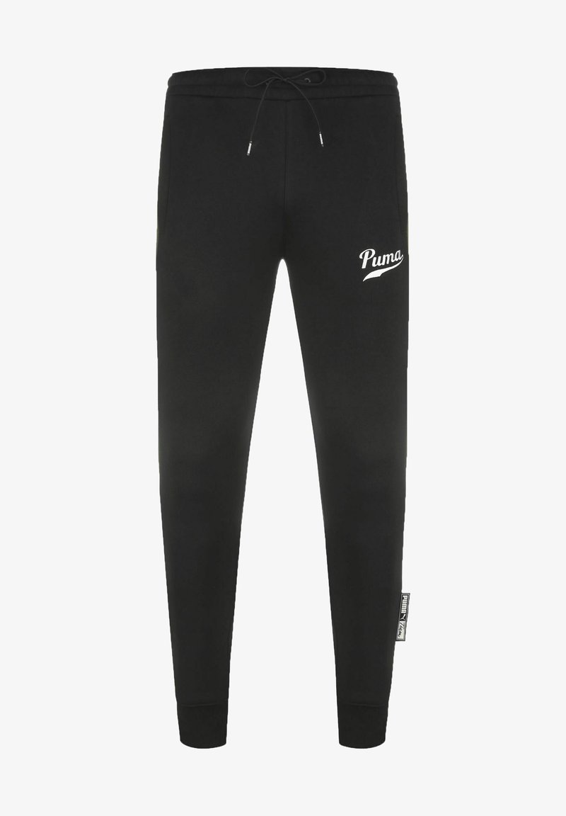 Sort sweatshirt-bukser lavet af blødt materiale, med elastisk talje med snor, sidelommer og et hvidt Puma-logo på låret.