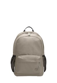 Sac à dos beige avec une surface en tissu lisse, poches latérales en maille noire et une poche frontale zippée. Présente un logo en forme d'empreinte de patte.