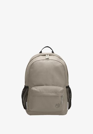 Beige backpack with a smooth fabric surface, black mesh side pockets, and a front zip pocket. Features a logo of a paw print.