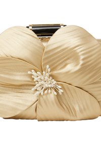 Clutch in satin dorato con un design floreale texture, caratterizzata da un grappolo bianco decorativo al centro e una chiusura metallica nera.