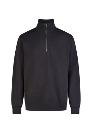 Black quarter-zip pullover with long sleeves, ribbed cuffs, and a smooth texture. Features a silver zipper at the collar.