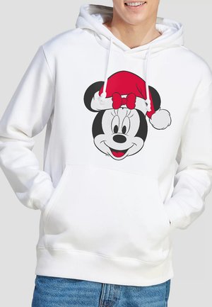Weißer Hoodie mit einem großen Grafikdruck eines lächelnden Charakters, der einen roten Hut mit einem weißen Bommel und einer roten Schleife trägt. Mit einer vorderen Kängurutasche.