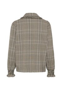 Blouse à manches longues beige et noire à carreaux avec col à volants et poignets élastiques à volants, vue de dos sur fond blanc.