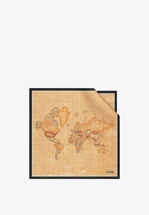 Světová mapa ve vintage stylu s zeměmi v tlumených hnědých a oranžových tónech, přeložený roh a černý okraj.