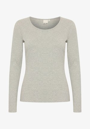 Jasnoszara bluzka z długim rękawem wykonana z materiału prążkowanego, z okrągłym dekoltem i dopasowanym krojem. Metka widoczna wewnątrz kołnierza.