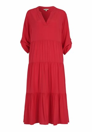 Rotes knielanges Kleid mit V-Ausschnitt, dreiviertel Ärmeln mit Knopfmanschetten und gestuften, gerafften Rocklagen.