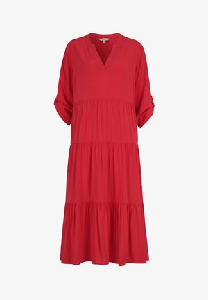 Rotes knielanges Kleid mit V-Ausschnitt, dreiviertel Ärmeln mit Knopfmanschetten und gestuften, gerafften Rocklagen.