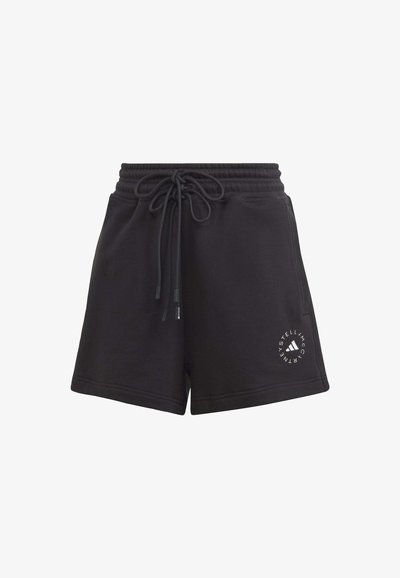 Shorts de mezcla de algodón negros con cintura ajustable mediante cordón, con un estampado de logo en el costado y una textura suave y lisa.