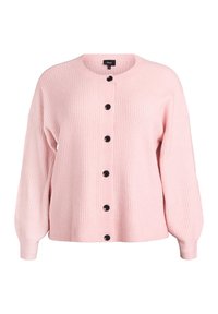 Gaiši rozā ribota kardigans ar apaļu kakla izgriezumu, garām piedurknēm un melnām pogām priekšpusē. Mīksta tekstūra un vaļīgs fit.