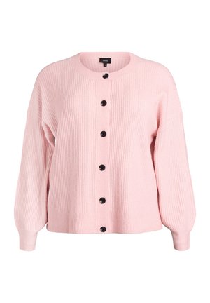 Gaiši rozā ribota kardigans ar apaļu kakla izgriezumu, garām piedurknēm un melnām pogām priekšpusē. Mīksta tekstūra un vaļīgs fit.