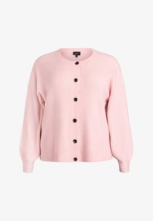 Gaiši rozā ribota kardigans ar apaļu kakla izgriezumu, garām piedurknēm un melnām pogām priekšpusē. Mīksta tekstūra un vaļīgs fit.
