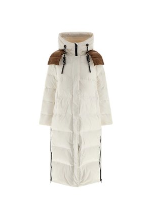 Luftig hvid lang jakke med lynlås foran, brune skulderdetaljer, justerbar snoretrækshætte og sidelommer med lynlås for ekstra ventilation.