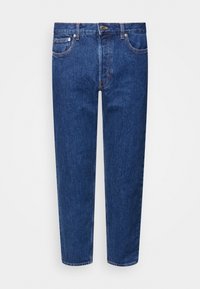 Džínové kalhoty tmavě modré barvy s rovnými nohavicemi, vybavené předními kapsami, knoflíkovým zapínáním a jemným vyblednutím na tkanině.