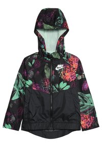 Nike jakke med en sort base og farverige blomster mønstre, lynlås foran og justerbar hætte. Lavet af let, glat materiale.