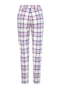 Geruite broek met een elastische tailleband. Gemaakt van zachte stof, met blauwe, roze en witte ruitpatronen. Rechtersnor ontwerp.