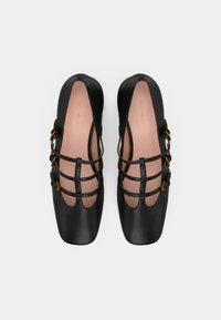 Black ballet flats with crisscross straps and gold-toned hardware. Smooth leather upper, rounded toe, and soft pink inner lining.