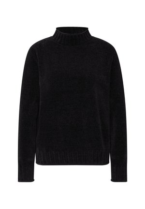 Sort rullekrave-sweater lavet af struktureret, blødt stof. Lange ærmer og ribbet kantdetalje giver en tæt pasform. Minimalistisk design uden mønstre.